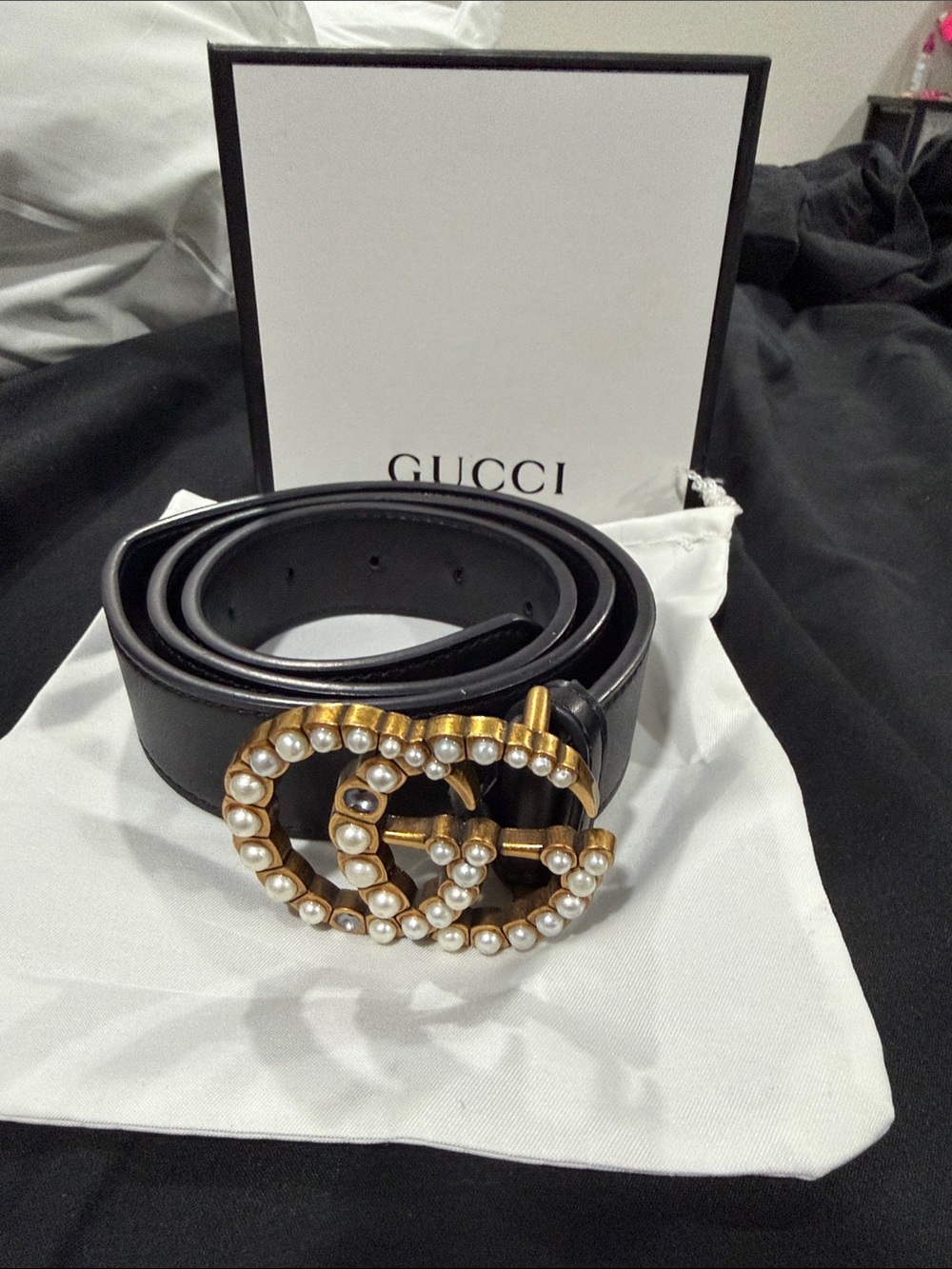 Gucci Black Leather Belt with Gold Pearl Double G Buckle
